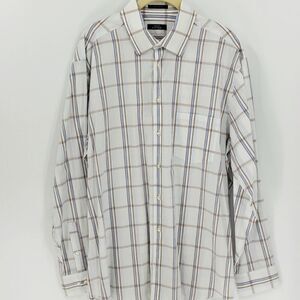 Alfani mens long sleeve dress shirt. Button down. White‎ & Tan plaid 16.5 Lg